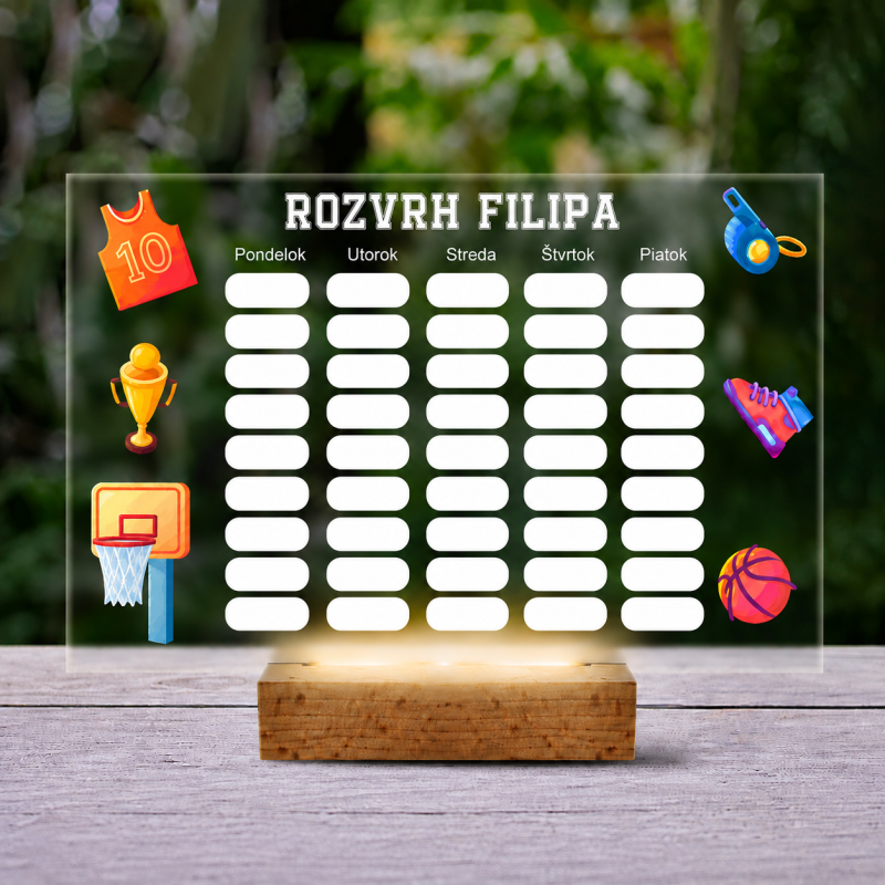 Personalizovaná 3D LED lampa – rozvrh so športovou tematikou
