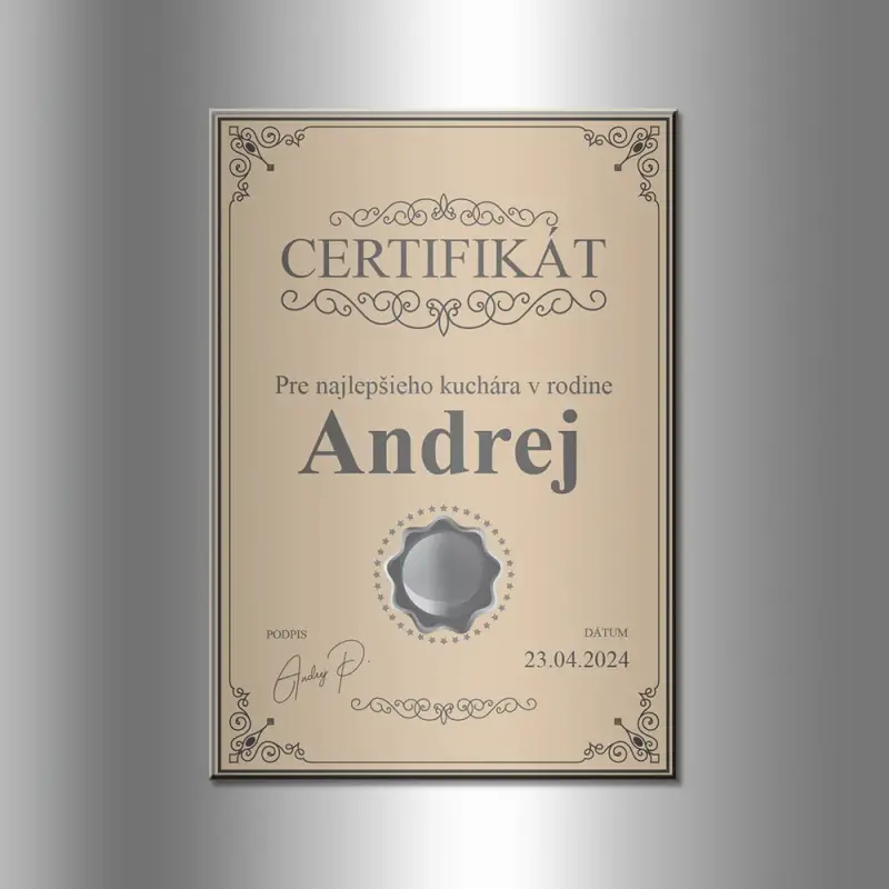 Magnet na chladničku s vlastným certifikátom